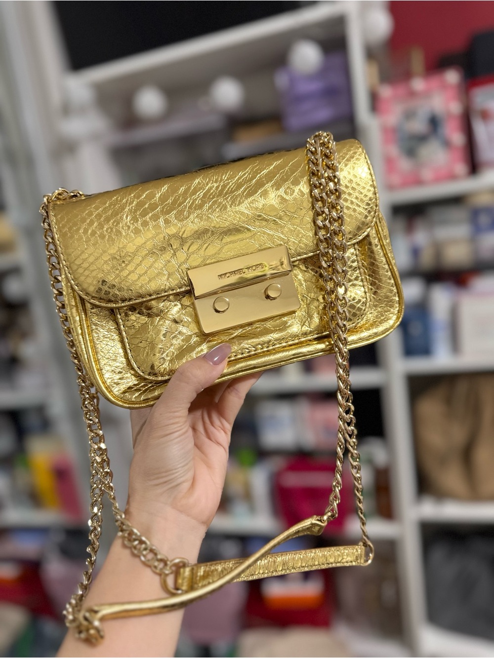 Michael Kors Metallic Gold Embossed Leather Crossbody and Shoulder Bag